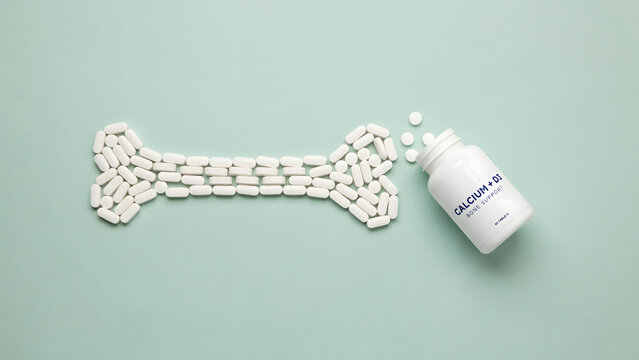 White calcium pills arranged in the shape of a human bone next to a bottle