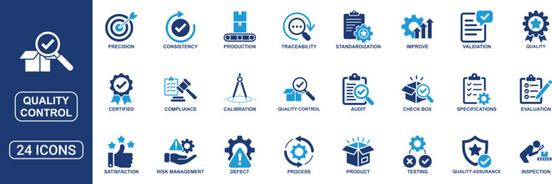 Quality control icon set with inspection, testing, evaluation, product, process and quality assurance symbols, modern solid vector for manufacturing, compliance, audit and industrial management design