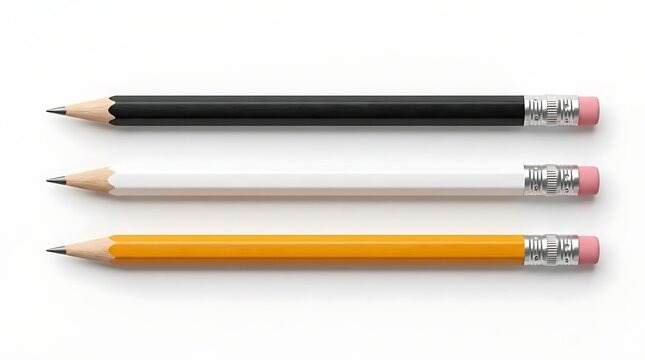 Three Classic Wooden Pencils Matte Black White and Yellow Set Isolated on White Background