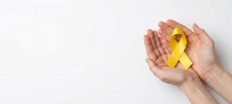 Sarcoma Cancer Awareness Month concept. Hands of woman holding yellow ribbon on white background.  Symbolic for World Bone and Childhood Cancer Day, Suicide prevention, Endometriosis week. Copy space.
