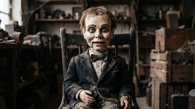 Creepy ventriloquist dummy with cracked face sits in a dusty workshop
