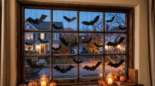 Halloween window decorations with paper bats and pumpkins create spooky ambiance