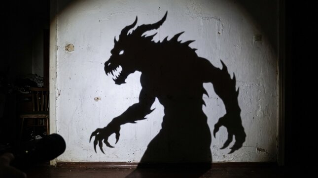 Frightening monster shadow projected onto a textured wall in a dark room