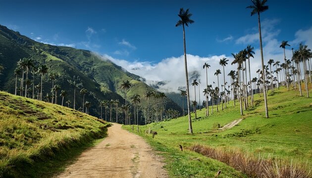 Paisaje Montanoso Del Valle De Cocora Con Palmas De Cera Y Sendero Rural