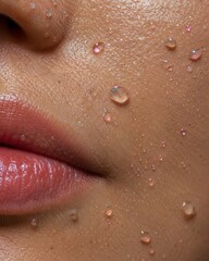 Fototapeta premium Extreme macro beauty shot of clear skin pores with holographic clear gel cosmetic droplet