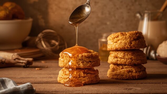 Detailed view of buttermilk sweet potato biscuits with honey pouring from a spoon onto one.