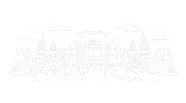 Chinese Temple Architectural Line Art