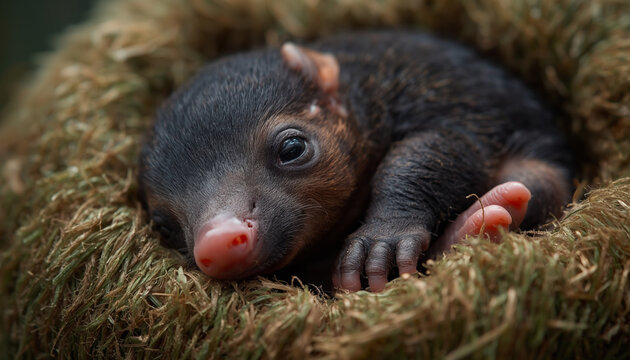 Little Echidna Puggle Rests Peacefully in Nest