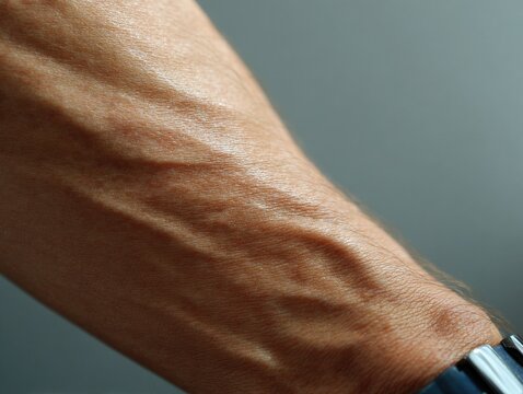 Close-up of human forearm showing prominent veins and skin texture with vascular circulatory physical dermatology physiology clinical wellness bodybuilding healthcare circulation epidermis