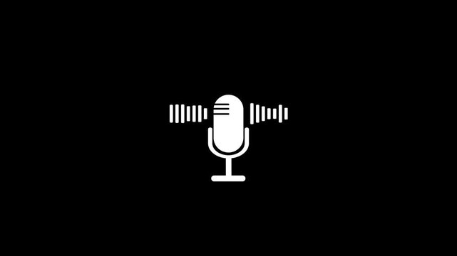 Black color voice recording and podcast microphone button icon.Podcast mic microphone button icon animation on black background.