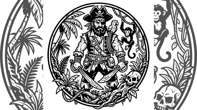 Pirate Captain with Parrot, Monkey, and Skull Illustration in Tropical Jungle