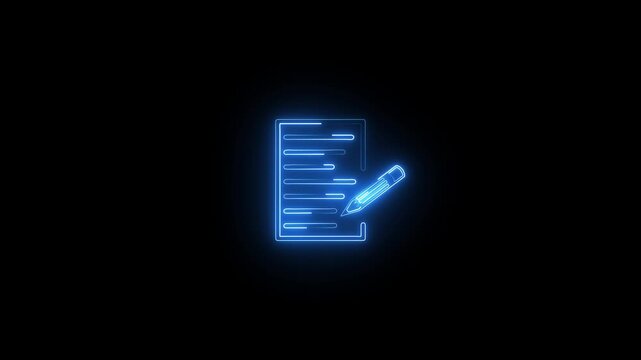 Document icon checklist with a pen isolated five line.Square stroke symbol animation on black background.