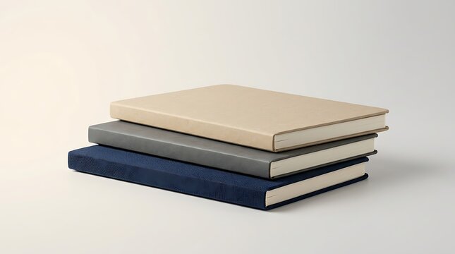 A stack of three simple hardcover notebooks with beige gray and dark blue colored covers
