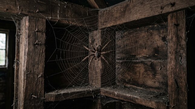 Large spider waits patiently on its intricate web in a dusty wooden structure
