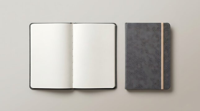 Open and closed grey notebooks with elastic band lying on a flat surface for office work