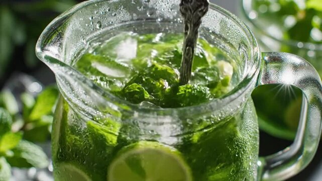 Close-up of a refreshing mojito being stirred in a glass pitcher with lime slices, mint, and ice for a summer drink.