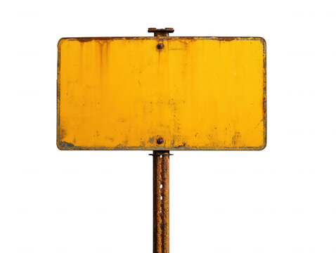Aged yellow rectangular industrial sign with rust details on a metal pole isolated on a transparent background