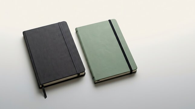 Two closed notebooks with black and sage green covers lying side by side on a flat surface