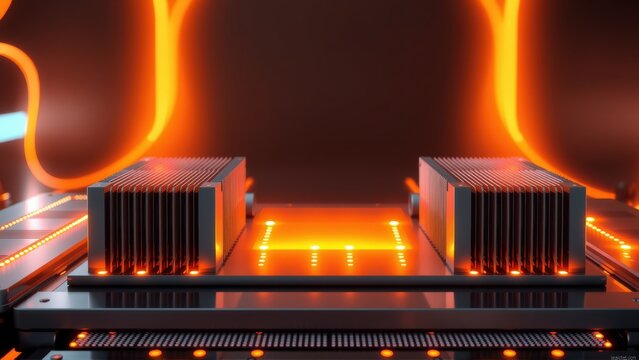 Dual processors illuminated, vibrant orange glow. Modern technology, sleek design, dark background creates dramatic effect. Futuristic computing setup.