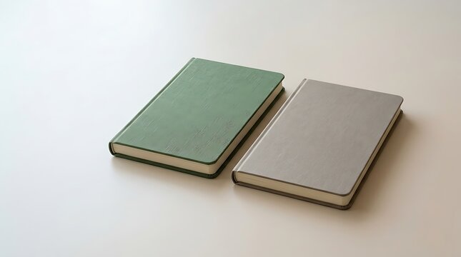 Two closed hardcover books with green and grey covers lying flat on a smooth surface