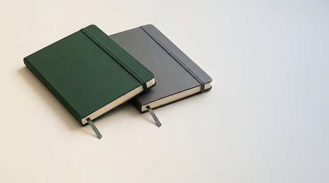 Two closed notebooks with elastic bands in green and grey colors for office note taking