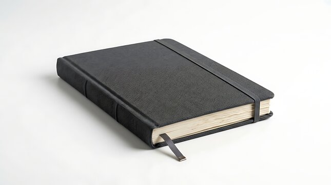 A closed black notebook with an elastic band strap and a fabric bookmark ribbon for notes