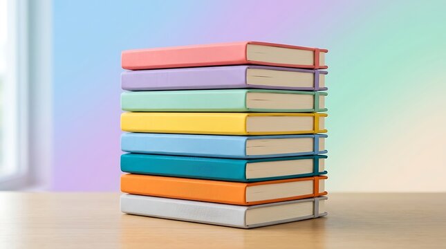A stack of colorful books with pastel covers placed on a wooden desk in a bright light room