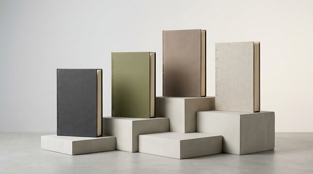 Four blank hardcover books standing on stone podiums for product display or design mockup
