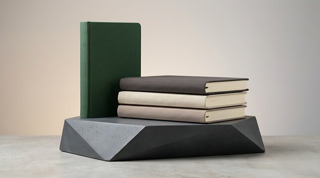 Stack of elegant books and one standing journal on a modern grey concrete display pedestal