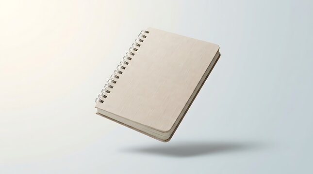 A blank beige spiral notebook floating in the air for creative study and office work projects