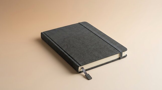 Black notebook with elastic closure band and ribbon bookmark on a soft beige surface top view