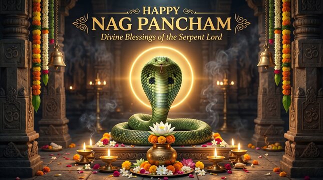 A green cobra coiled around a Shiva Lingam adorned with flowers and illuminated by diyas on a dark happy nag panchami happy nag panchami background with golden ..