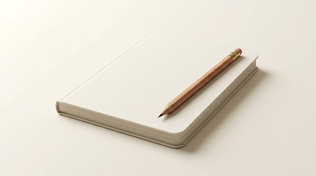 A blank white notebook with a wooden pencil lying on top for writing or drawing tasks