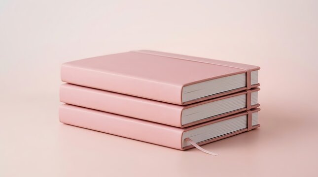 A stack of three elegant light pink leather journals resting on a soft pastel colored surface