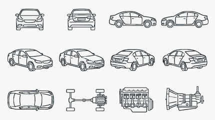 Obraz premium Dynamic Black and White Line Drawing Set of Various Cars Engines and Vehicle Components for Design and