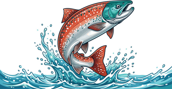 Wild sockeye salmon fish vector illustration jumping out of water waves with dynamic splash isolated on a clean plain white background