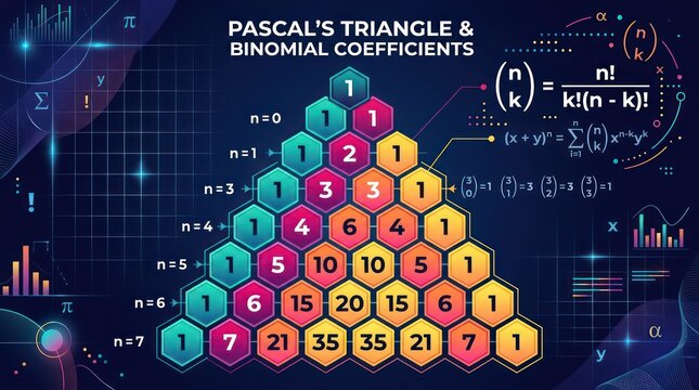 Pascal triangle and binomial coefficients mathematical diagram on blue tech background.