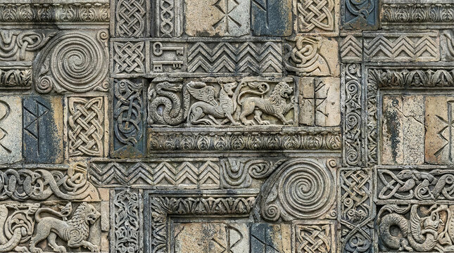 Ancient stone wall with intricate Celtic carvings and mythological creatures.