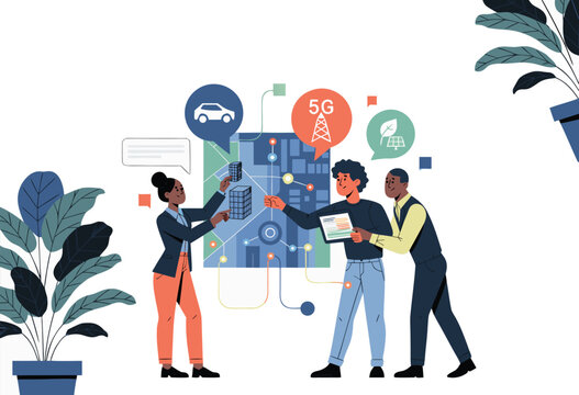 Business professionals collaborating on data analytics, renewable energy, and smart city technology projects. Flat vector illustration team workshop, isolated on white background.