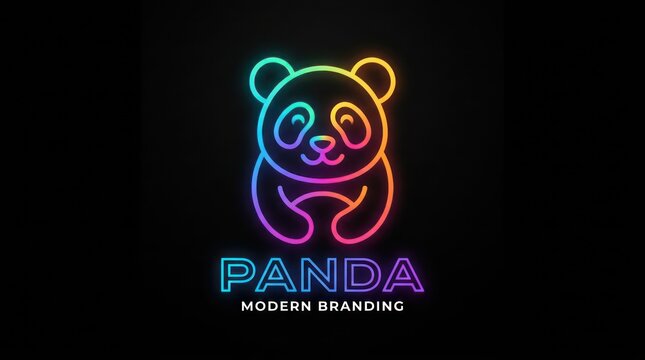 Neon panda logo design with glowing rainbow gradient colors on dark black background motif.