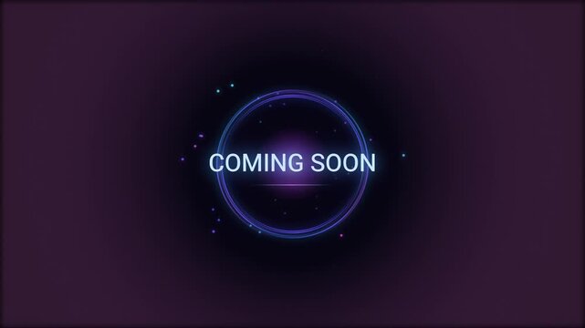 Glowing neon coming soon circle banner on dark background