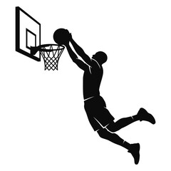 Basketball player silhouette performing a slam dunk into a hoop on a white background © Sopian