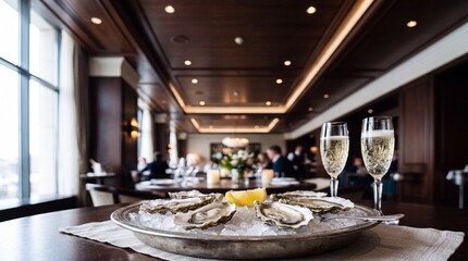 Fototapeta premium Gourmet Indulgence: A platter of fresh oysters served on ice with a lemon wedge, accompanied by two glasses of champagne, promises a luxurious dining experience in an elegant restaurant setting.