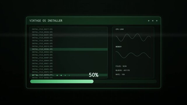 Retro computer OS installation screen with progress bar and terminal graphics