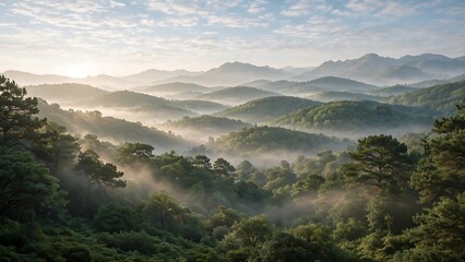Serene mountain landscape with mist and forest at sunrise © SharminAkther