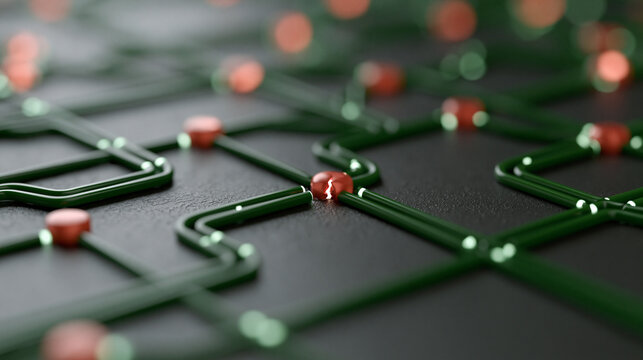 Abstract visualization of a self-healing smart grid rerouting power around a failed transmission segment, broken red node isolating while green pathways illuminate alternative