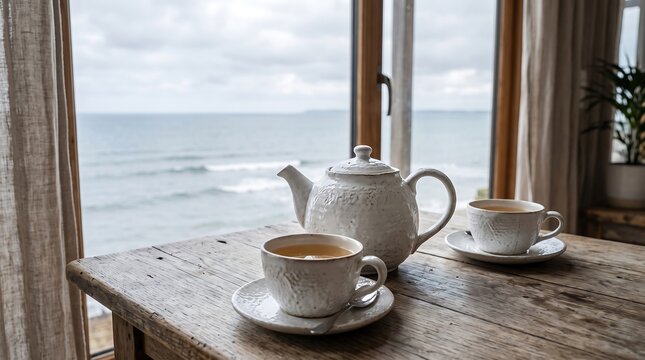 Comfortable tea service set on a rustic wooden table with a scenic ocean view outside