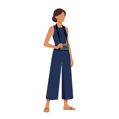 Fototapeta premium Flat vector illustration of a casual young woman standing with a camera hanging around her neck