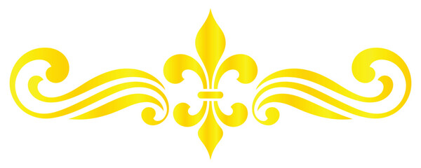 Luxury golden fleur de lis flourish ornament with elegant scroll border, vintage decorative line art vector isolated on transparent background © ALEX BIN