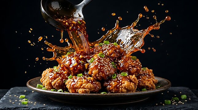 Delicious meatballs with savory brown sauce pouring over them on a plate against a dark background. general tso
